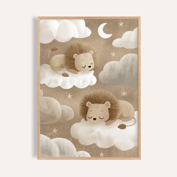 Impression artistique Lions Nursery avec des tons marron, beige, blanc et gris pour décorer les murs de la chambre de bébé