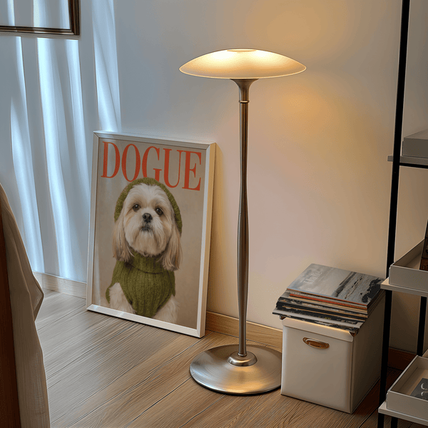 Impression murale Shih Tzu pour cuisine, tenue verte, texte rouge du magazine