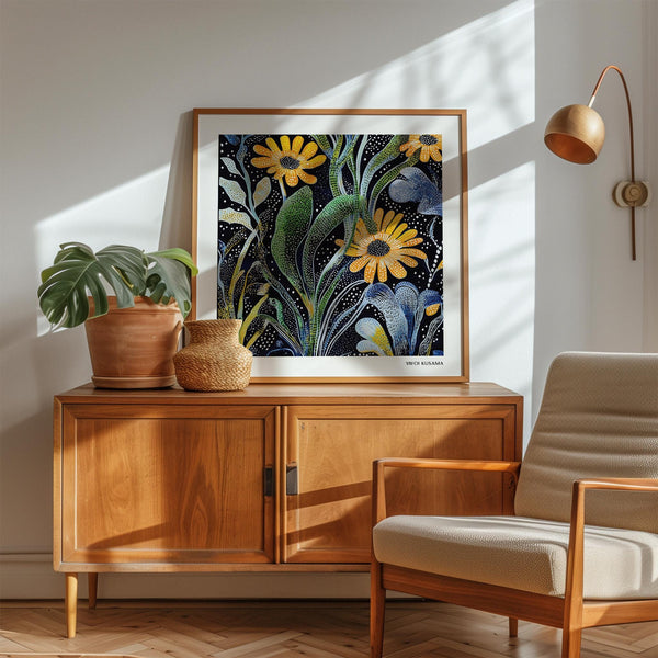 Imprimé floral japonais abstrait avec des motifs botaniques verts, jaunes et bleus.