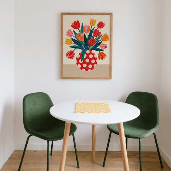 Impression artistique florale pour entrée, avec une palette de couleurs vives : vert, rouge et orange.