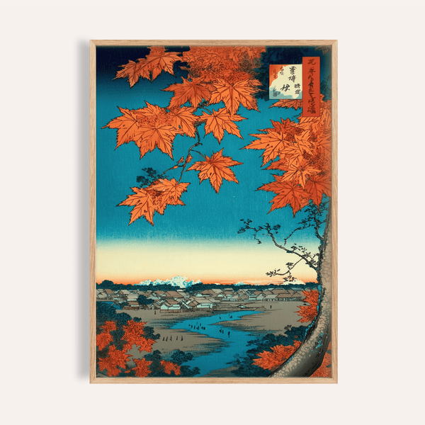 Impression artistique japonaise représentant des feuilles d'érable orange dans un salon
