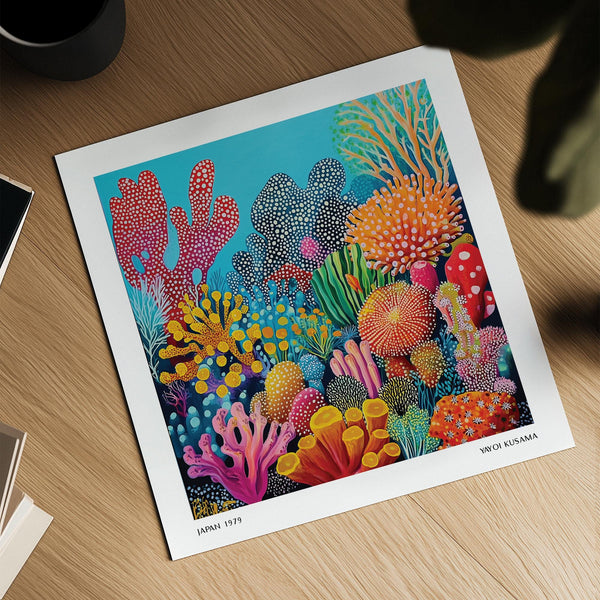 Abstraction d'un récif corallien représentée dans une image océanique colorée avec des textures organiques.