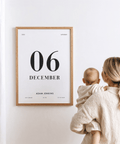 Impression personnalisable pour chambre d'enfant « Born This Day » (Né ce jour) dans une palette de couleurs blanc et noir