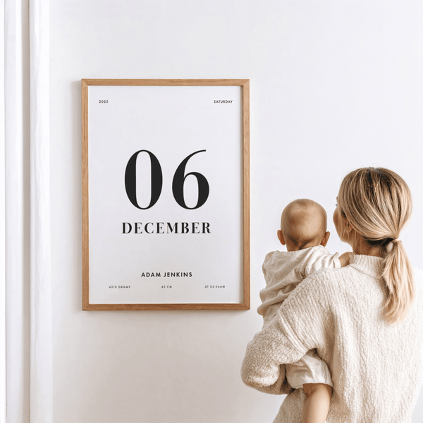 Impression personnalisable pour chambre d'enfant « Born This Day » (Né ce jour) dans une palette de couleurs blanc et noir