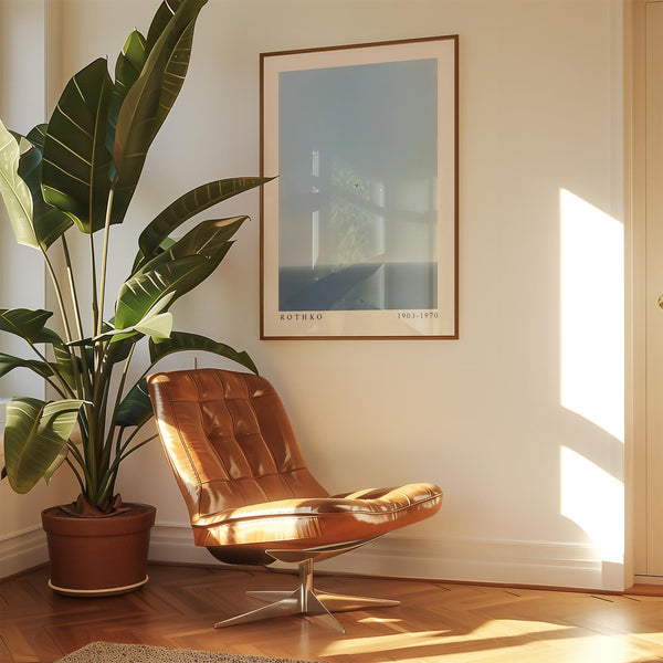 Horizon océanique abstrait dans une décoration murale bleue au style visuel apaisant.