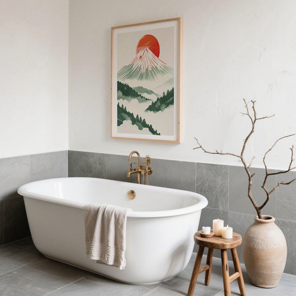 L'emblématique mont Fuji représenté sous forme d'estampe japonaise contemporaine.