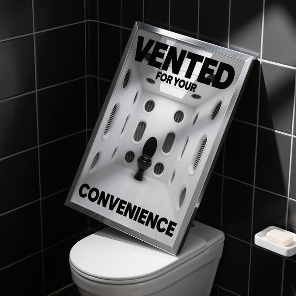 Impression artistique humoristique représentant des toilettes noires dans une pièce recouverte de bouches d'aération.