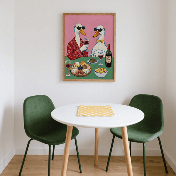 Affiche « Vin et fromage » dans un style multicolore pour une décoration fantaisiste dans votre salle à manger