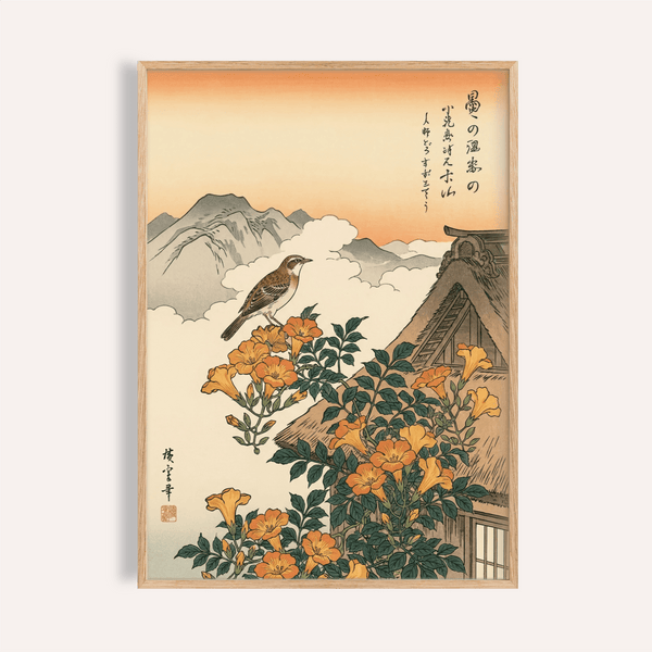 Poster Paysage de montagne avec fleurs orange et feuilles vertes pour décorer le mur de votre salon