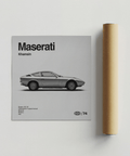Affiche minimaliste Maserati Khamsin en noir et blanc pour la décoration murale d'un studio créatif