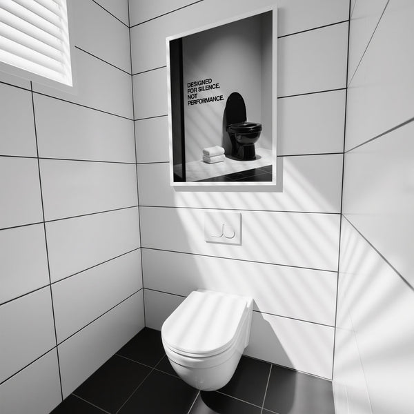 Décoration murale sarcastique et humoristique pour des toilettes propres et modernes.