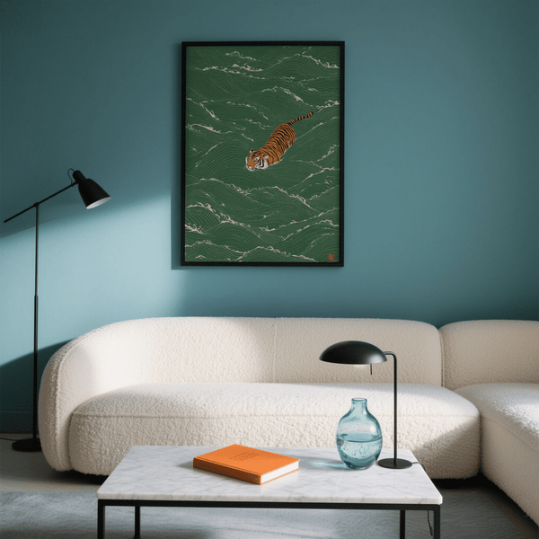 Impression murale Wildlife avec palette de couleurs verte et orange pour salle à manger