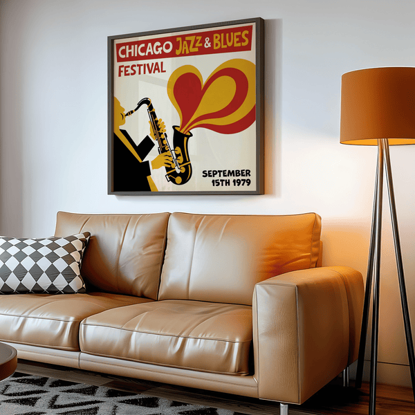 Impression Chicago Blues avec motifs musicaux en beige pour la décoration murale d'une chambre à coucher