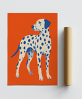 Impression artistique minimaliste représentant un chien dalmatien pour la cuisine, sur fond orange