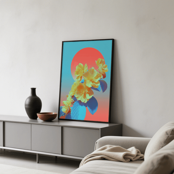 Décoration murale florale éclatante en bleu, rose et jaune, conçue pour embellir les murs d'une cuisine moderne.