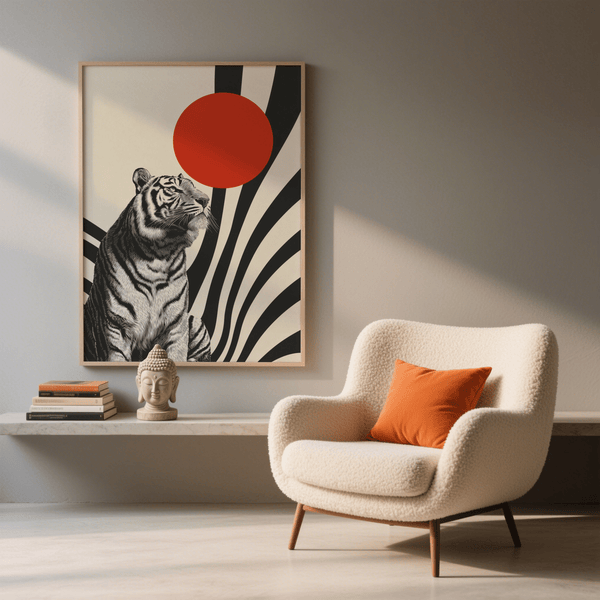 Bold Modern Tiger Poster in Red, Black, Beige for hallway display