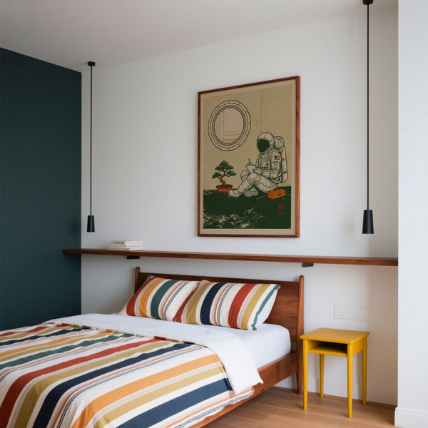 Space Astronaut Art Print for creative workspace, Green plant and Orange toolbox