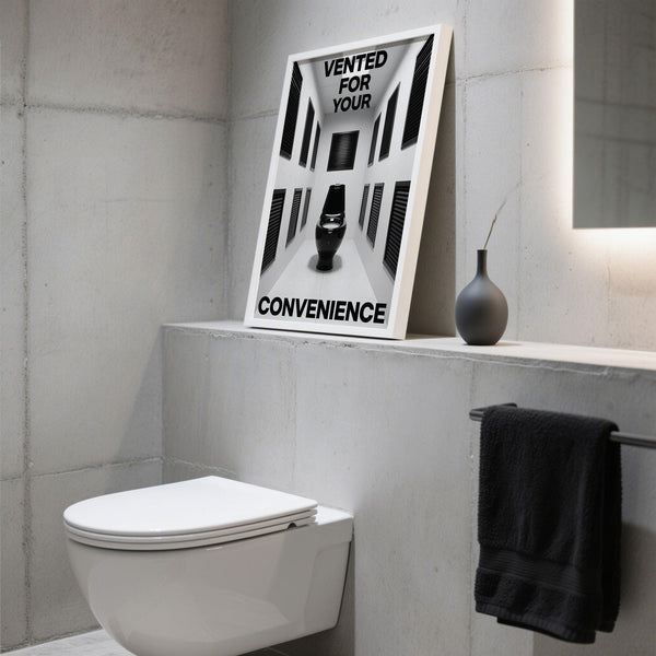 Des toilettes noires au centre de multiples bouches d'aération dans cette affiche humoristique audacieuse pour salle de bain.