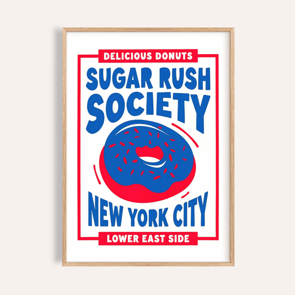 Impression murale Donut Wall Art en rouge et bleu pour une affiche décorative de cuisine