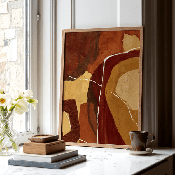 Impression abstraite aux tons ocres utilisant le beige et le rouge pour une affiche murale de bureau