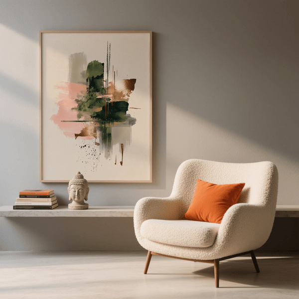 Imprimé contemporain rose et vert pour les espaces minimalistes, représentant des touches de vert, doré, beige et rose.