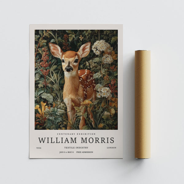 Impression artistique botanique représentant une forêt avec des cerfs et des plantes à fleurs.