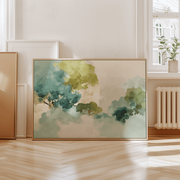 Affiche moderne d'art abstrait vert et beige pour salle à manger