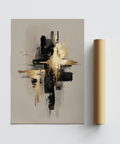 Affiche abstraite moderne noire et dorée avec des touches de jaune, beige et noir pour le bureau