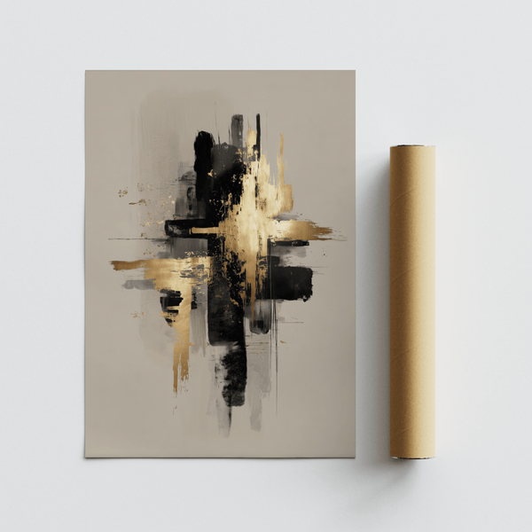 Affiche abstraite moderne noire et dorée avec des touches de jaune, beige et noir pour le bureau