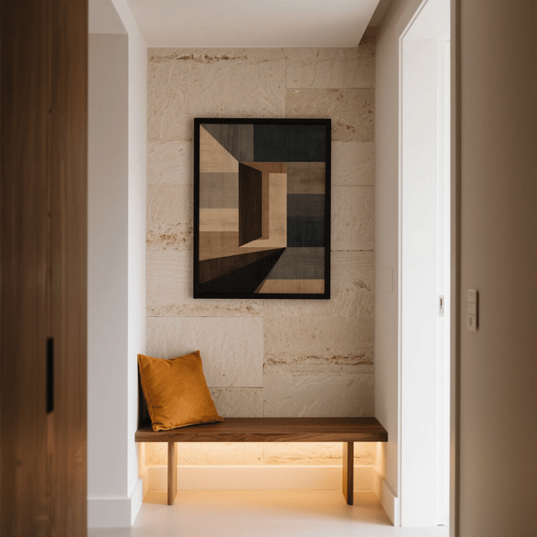 Impression murale géométrique abstraite contemporaine avec des tons marron et beige pour le couloir