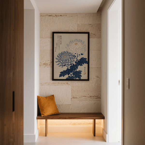 Impression artistique Chrysanthemum, décoration murale florale avec des fleurs blanches pour des espaces sereins