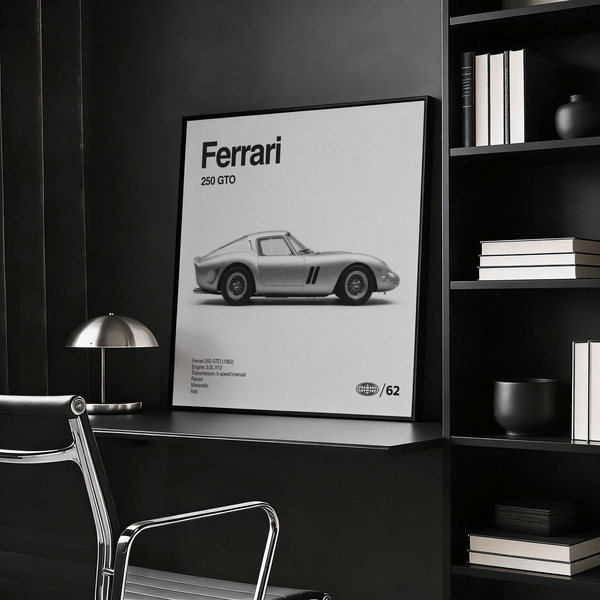 Poster Ferrari Wall Art représentant une 250 GTO pour bureau, en noir et blanc