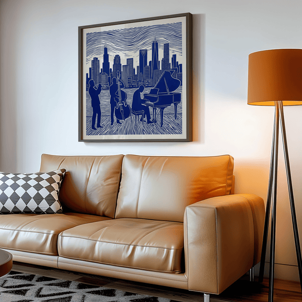 Poster artistique représentant un musicien en silhouette, bleu et blanc, pour décorer les murs d'une chambre à coucher