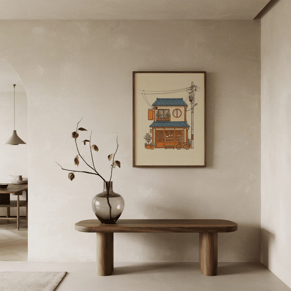 Impression artistique de style japonais dans les tons orange et beige pour une salle à manger chaleureuse