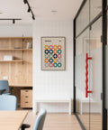 Mid-century inspired colorful wall art office poster with rhythmic circle layout.