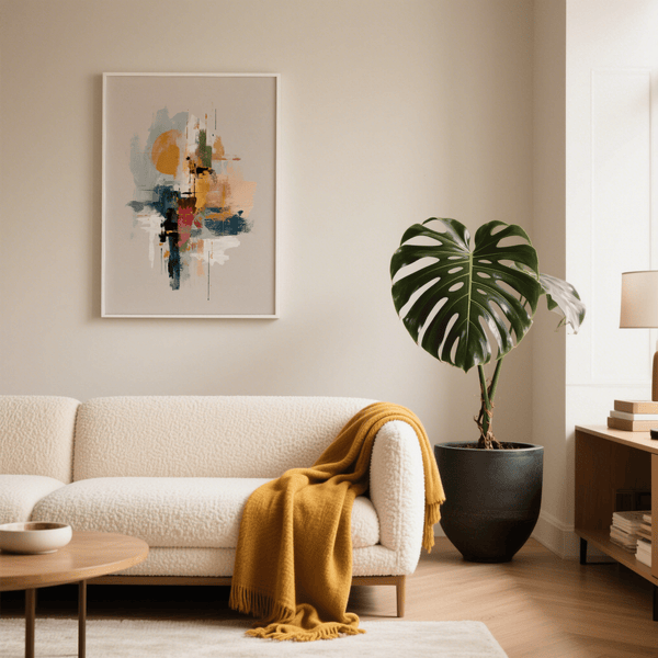 Fond beige Imprimé Wabi Sabi coloré pour une décoration murale moderne dans une chambre à coucher