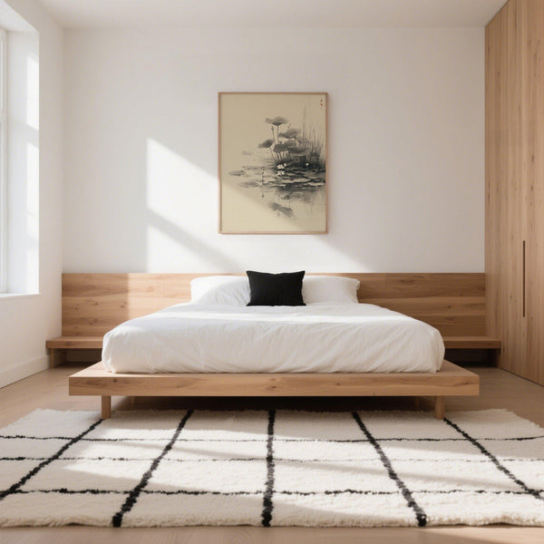 Scène minimaliste représentant un étang avec une décoration murale en forme de fleur de lotus dans des tons monochromes doux.