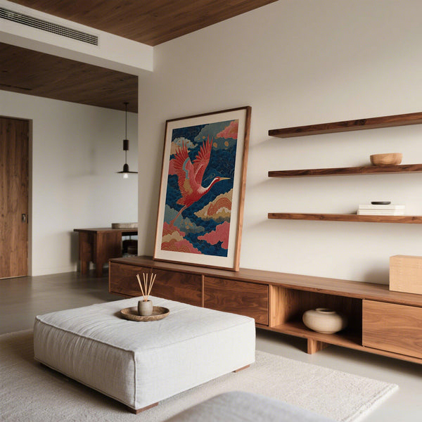 Estampe japonaise vintage représentant un oiseau aux ailes rouges et aux reflets dorés.