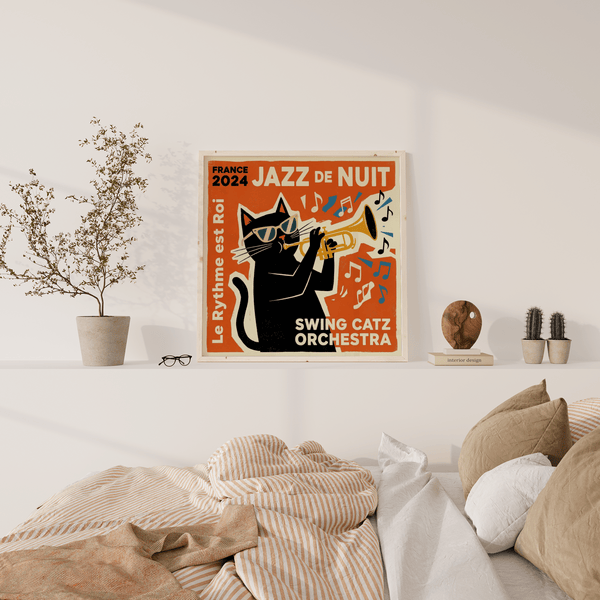 Impression artistique Jazz Cat, orange et jaune vifs, pour décorer une salle de musique