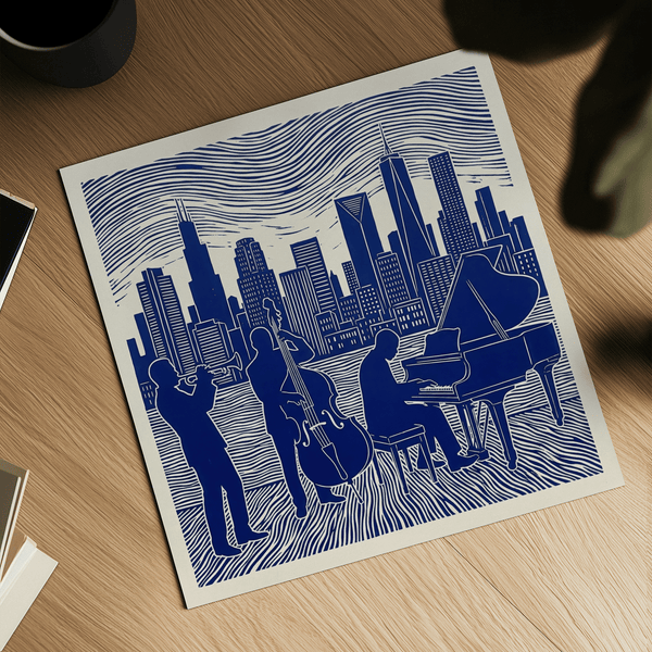 Affiche musicale inspirée du jazz, aux couleurs bleues et blanches, pour salon