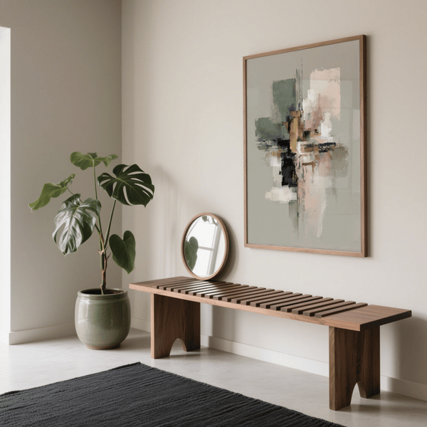 Impression murale abstraite avec du gris, du beige et du vert pour une décoration murale élégante dans votre couloir