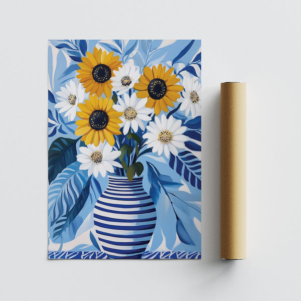 Œuvre d'art représentant des tournesols aux couleurs vives sur un fond bleu apaisant.