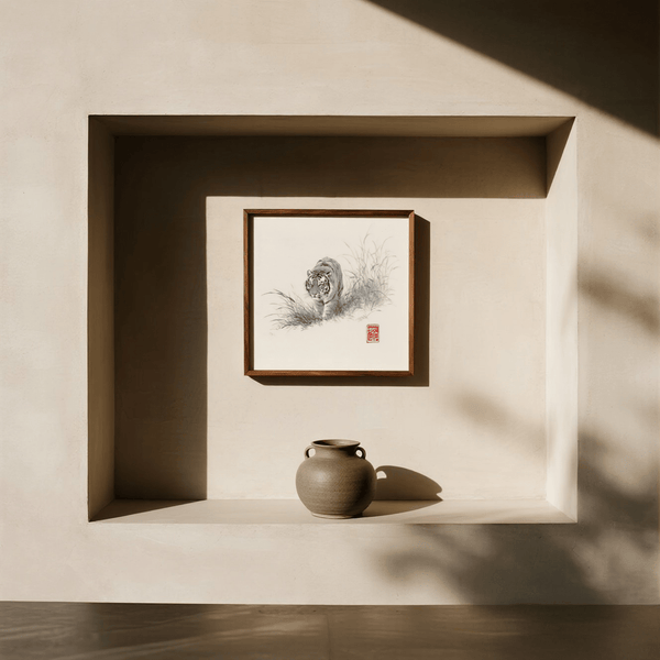 Impression artistique moderne Tiger Ink aux couleurs grises et blanches pour le bureau