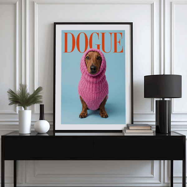 Impression amusante de teckel pour une décoration moderne, utilisant les couleurs marron, bleu et rose.