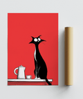 Décoration murale fantaisiste pour bureau, chat noir sur fond rouge