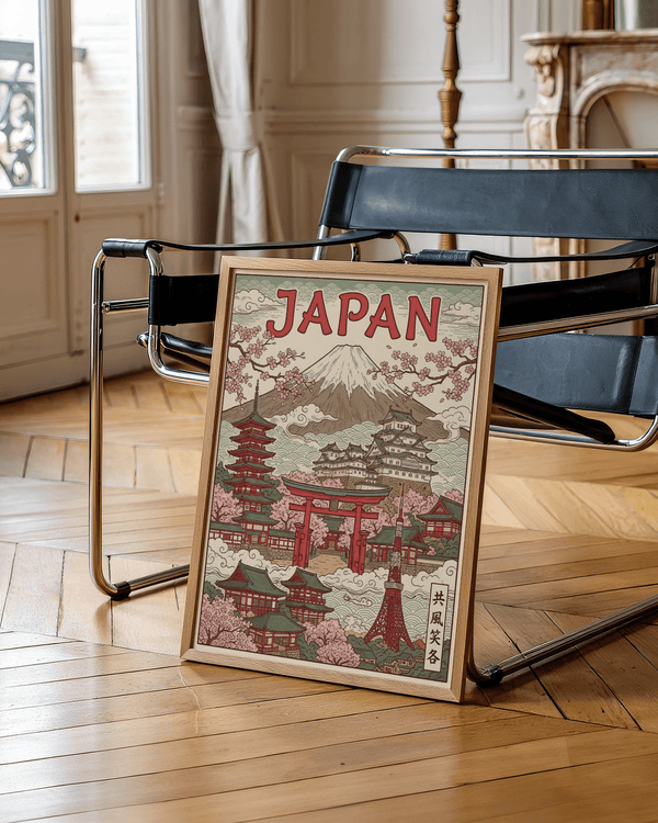 Impression artistique colorée du Japon en vert et rouge pour décorer votre chambre à coucher