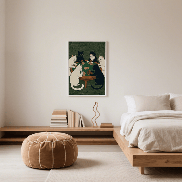 Impression artistique Cat Poker en vert et marron, parfaite pour décorer votre bureau