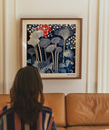 Japanese-style mushroom print in Red and Blue Art aesthetic