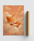 Impression artistique Sleeping Fox, palette orange et beige, idéale pour décorer les murs d'un couloir