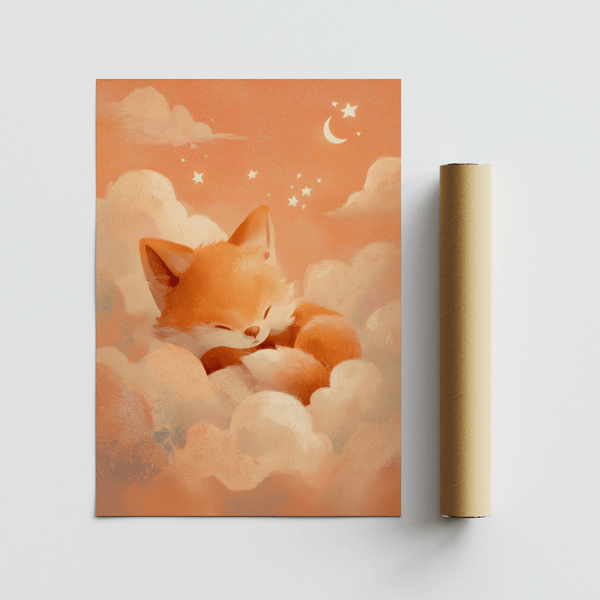Impression artistique Sleeping Fox, palette orange et beige, idéale pour décorer les murs d'un couloir